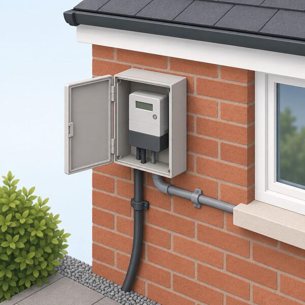 A domestic electricity meter mounted on the outside brick wall of a simple Northern Ireland house, shown in a plain isometric view with the meter box, its connecting supply cable and a short run of conduit leading toward the building, with no people present.