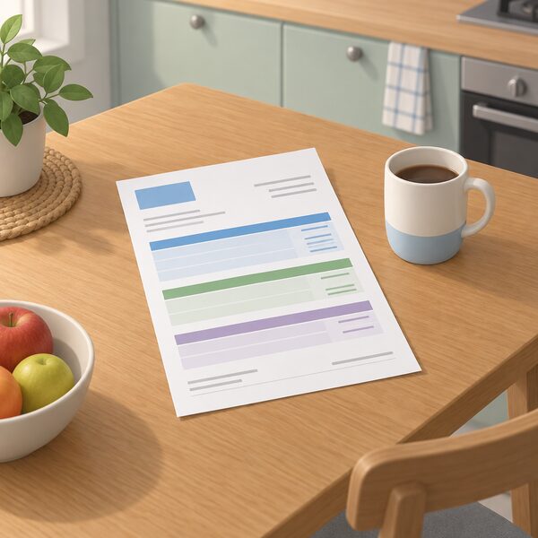 A plain paper electricity bill lying flat on a domestic kitchen table, with blank lines and plain colour bands standing in for its charges, beside a simple mug, as a household would find it when reading how its electricity costs are made up.