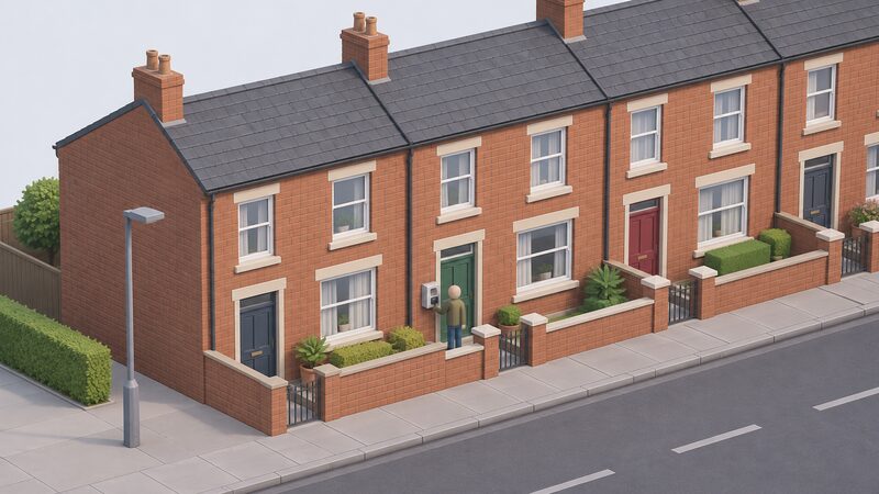 A row of Northern Irish terraced houses seen from the street, with a small isometric figure standing at one front wall beside an externally mounted electricity meter, suggesting a distinct local domestic electricity market.