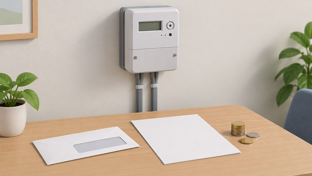 A domestic electricity meter mounted on a plain wall above a table holding a blank bill, a windowed envelope and a small stack of coins, showing that the meter and supply stay the same while only the billing changes.