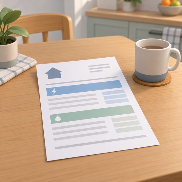 A paper domestic energy bill lying on a kitchen table beside a mug, its layout showing a standing charge section and a unit rate section as plain blank lines and colour bands with no readable figures.