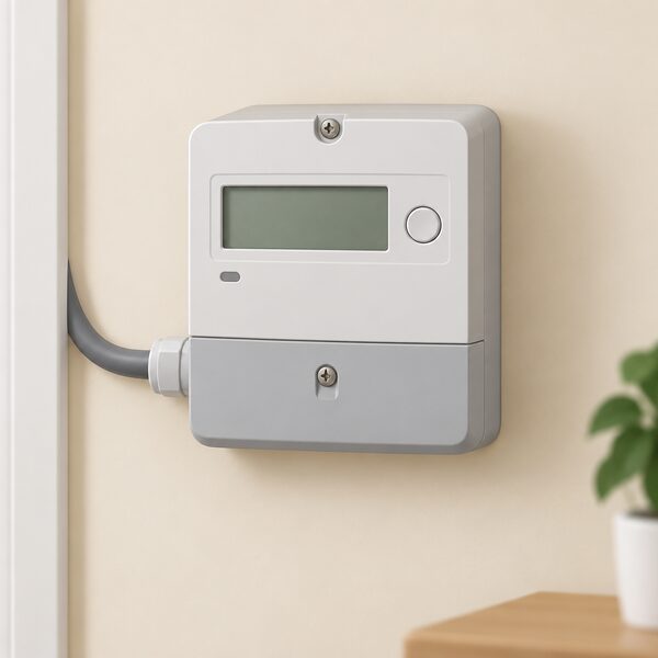 A domestic electricity meter mounted on a plain interior wall of a UK home, shown close up as the everyday object through which bill costs are recovered, with a short length of cable entering it from the consumer unit side and the meter's display shown as a blank panel.