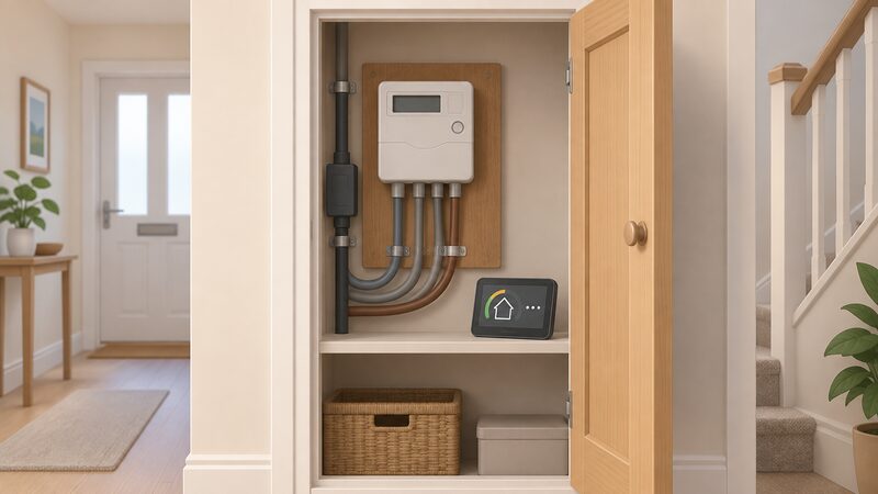 An open hallway cupboard containing a domestic electricity meter on a board with its supply cables, and an in-home display sitting on the shelf beside it, drawn as an ordinary undisturbed household installation with everything still connected and in place.