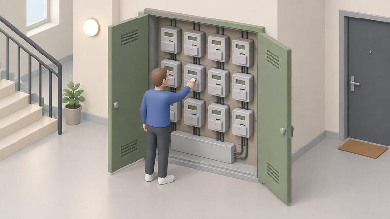 A communal cupboard in a block of flats with a wall of domestic electricity prepayment meters mounted on the wall, one small simplified figure standing at the open cupboard door inserting a key or card into one meter, showing the meters working unchanged despite the supplier's failure.