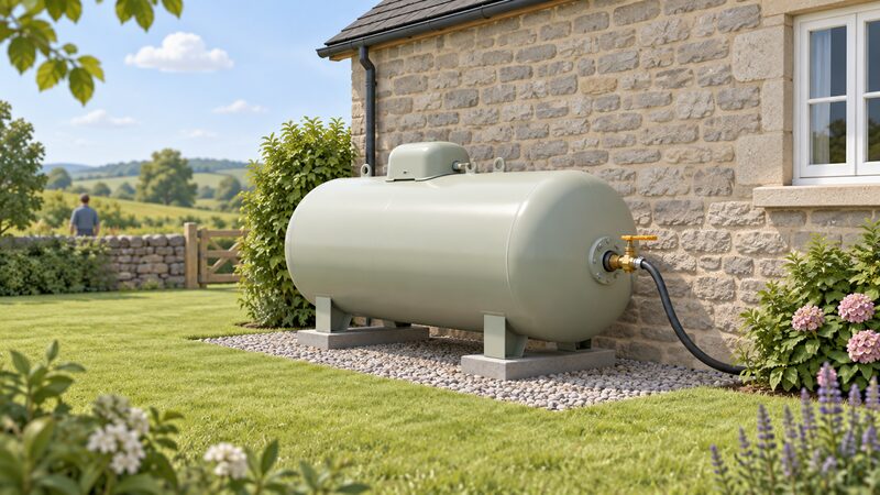 A horizontal bulk LPG storage tank on supports in the garden of a rural house, sited against the outside wall, with its delivery hose connection point and valve clearly visible on the end of the tank.