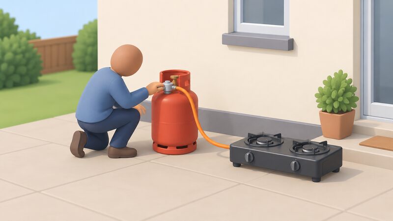 A plain LPG cylinder standing outdoors beside a house wall, connected by a visible hose through a screw-on regulator to a small portable domestic appliance such as a gas cooker or heater, with a simplified figure checking the connection.