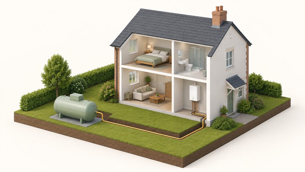 A bulk LPG storage tank standing in the garden of a house, with buried or surface pipework running from the tank into the house wall to feed the central heating boiler inside.