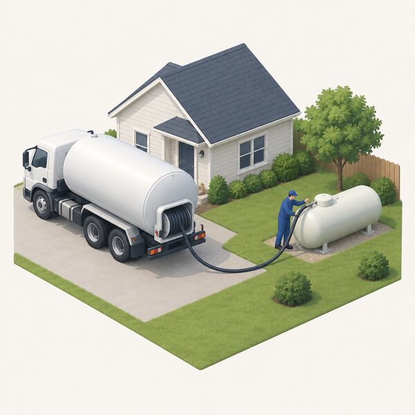 A bulk LPG tanker parked on a driveway with a hose run from its reel to the household's above-ground storage tank, where a driver in plain work clothing stands making the refill connection.