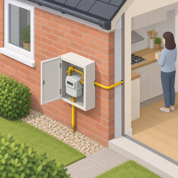 An individual LPG gas meter in a protective box mounted on the outside wall of a house on a metered estate, with the supply pipe entering the property, showing how each household is billed for its own gas usage.
