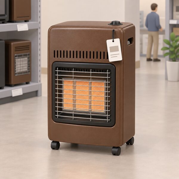 A rustic brown portable gas heater standing on a shop floor for sale, with a small blank price label attached to it, drawn as a simple retail product display with no readable text or numbers.