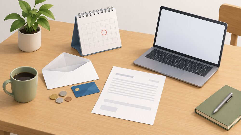 On a kitchen table, a blank final energy bill lies beside an open envelope with a few coins and a bank card resting on it, a wall calendar showing a marked date stands behind, and a laptop with a blank screen sits to one side.