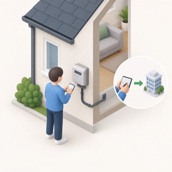 A simplified isometric household figure stands at an electricity meter on an outside wall of a home, reading it and noting the display on a small handheld device or notepad, with the meter connecting by a cable into the house, showing the final reading given to the new supplier during a switch.
