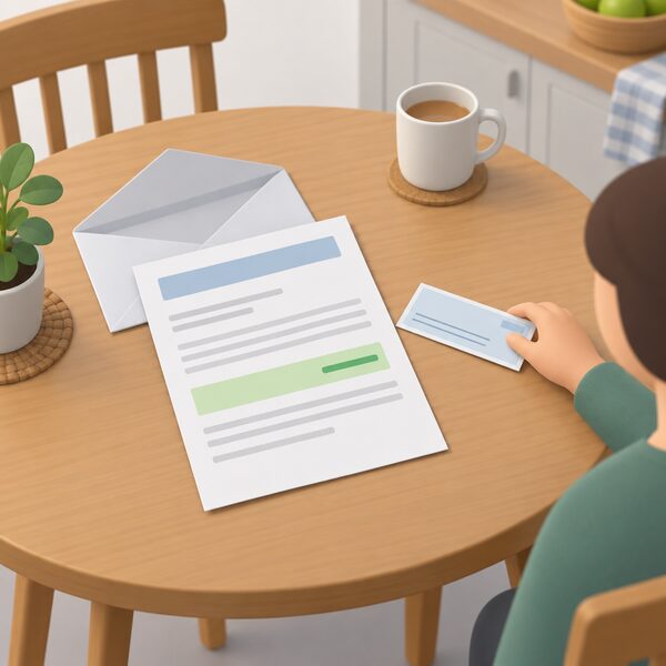 A final energy bill lying on a kitchen table beside an opened envelope, with a refund of credit shown as a highlighted band on the printed sheet and a hand placing a payment card or cheque beside it.