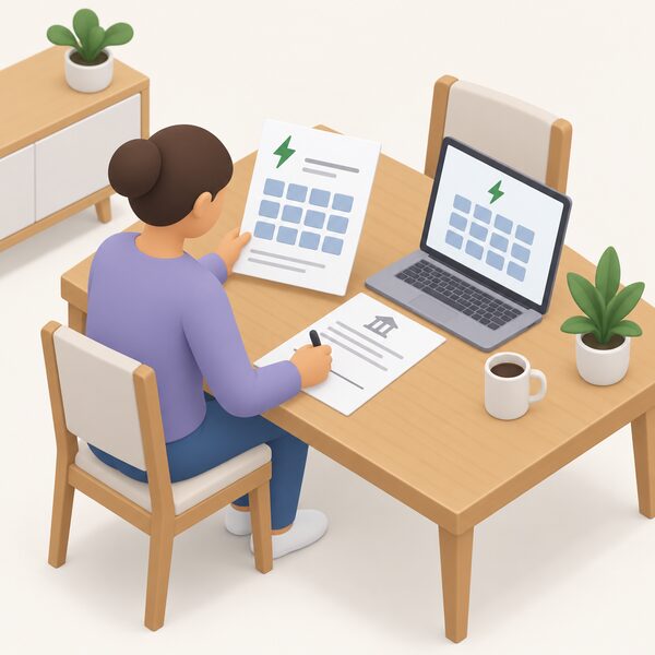 A simplified isometric household scene showing a person at a table paying an energy bill by Direct Debit, with a bank mandate form, a bill showing twelve equal monthly payment blocks, and a laptop or phone used to manage the payment.