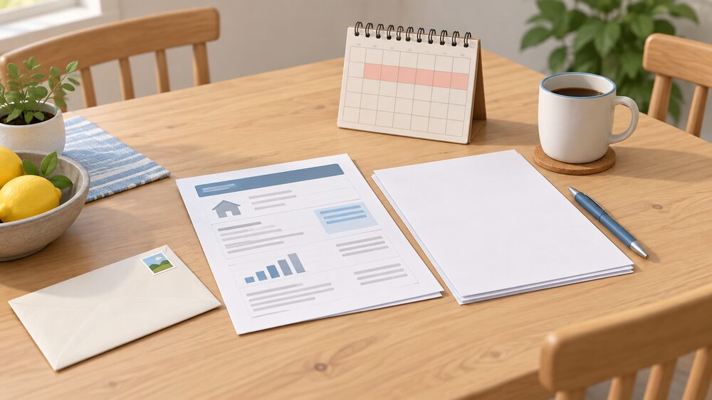 A kitchen table scene showing the moment of cancelling an energy switch: a recent energy bill and blank paperwork lie flat in the centre, with a paper calendar beside them and a stamped envelope ready to post, all lit by plain daylight.