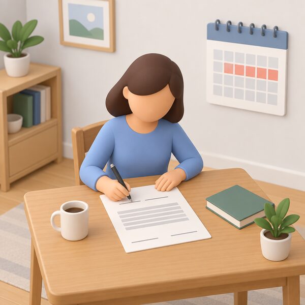 A householder at a home table signing a paper energy supply contract with a pen, the document showing blank signature lines, with a simple wall calendar nearby marking the 14-day cancellation window as plain blocks.