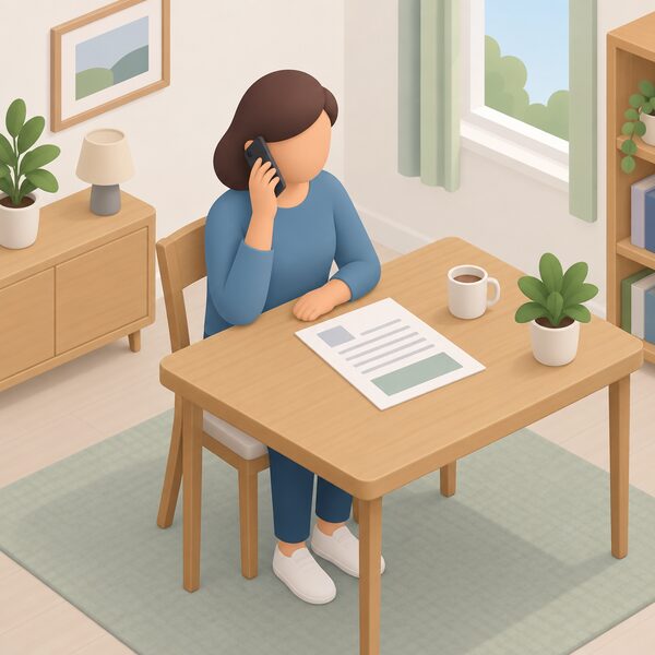 A householder sitting at a home table telephoning to cancel an energy switch, holding a phone to their ear with a switch contract document lying on the table beside them, shown as a physical sheet with blank lines and plain blocks carrying no readable words.