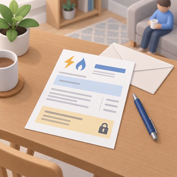 A paper energy bill lying on a household table, shown as a physical document with blank lines and plain colour bands instead of readable figures, beside a pen and an envelope, representing a fixed rate tariff contract that may carry an exit fee.