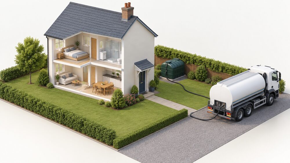 A domestic heating oil tank stands in the garden of a house, with a delivery hose running to it from a tanker parked on the road or drive within hose reach, the driver's access route clear and unobstructed.
