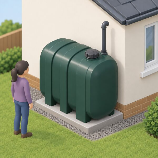A plastic domestic heating oil tank standing on a base at the side of a simple house, with its fill point and vent pipe visible and no payment or paperwork elements anywhere in the scene.