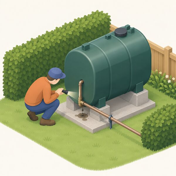 A simplified isometric figure crouches beside an above-ground domestic oil tank in a garden, inspecting the tank body and its connecting pipes for leaks and damage, with a small torch in hand and a drip stain visible on the ground beneath a pipe joint.