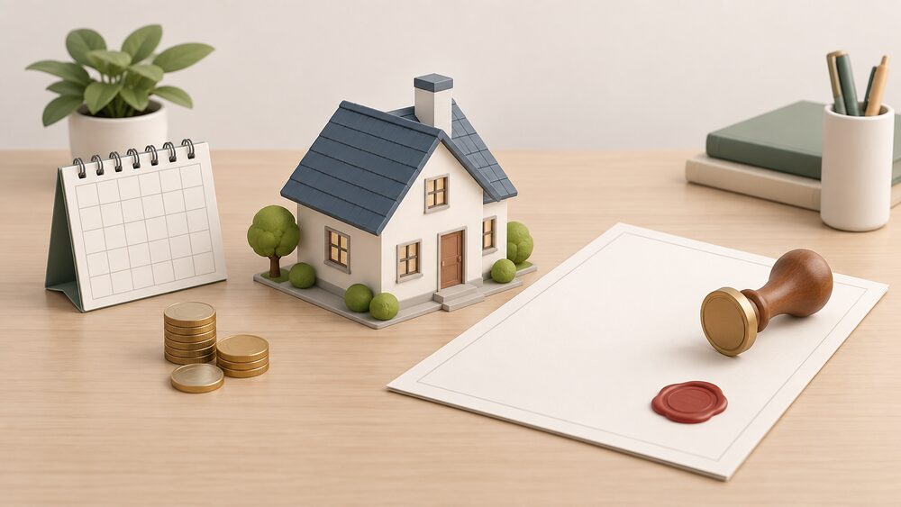 A small model house sits centrally on a desk beside a blank official-looking document with a wax seal, a rubber stamp resting on it, a small calendar and a few coins, suggesting a household choosing among energy suppliers under the same rules.