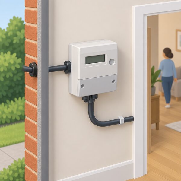 A domestic electricity meter mounted on an interior wall of a home, shown in a simple cutaway view with its supply cable entering from outside and a cable running onward into the house, recording the household's energy use.