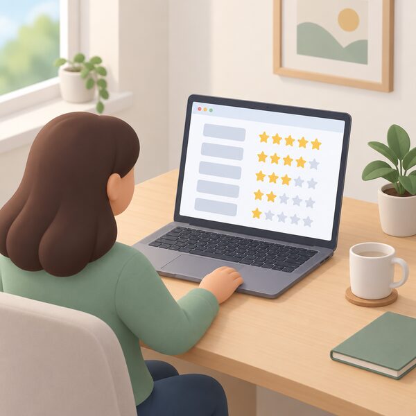 A laptop on a home desk with its screen showing a simple webpage listing a column of plain star ratings beside blank supplier name blocks, as a person might view when checking published customer service scores.