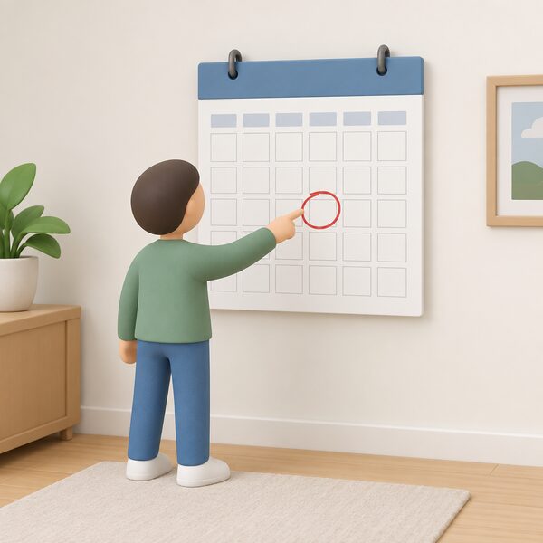 A wall calendar hanging on a plain home wall with one date circled in pen, a small simplified figure standing beside it pointing at the circled date, marking when a Northern Ireland energy supplier's tariff changes.