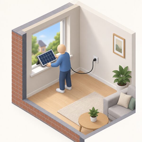 A small plug-in solar panel resting on a house windowsill with its cable running indoors to a simple plug in a wall socket, shown in a cutaway view of the room corner with a simplified isometric figure placing the panel.