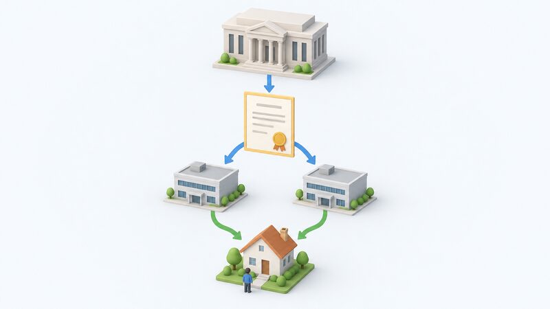A simple diagram-style scene with Ofgem as a plain block at the top, a licence document shown as a physical certificate with blank lines beneath it, arrows running down to two supplier blocks of equal size, and arrows from both to a single household, showing identical binding for large and small suppliers.
