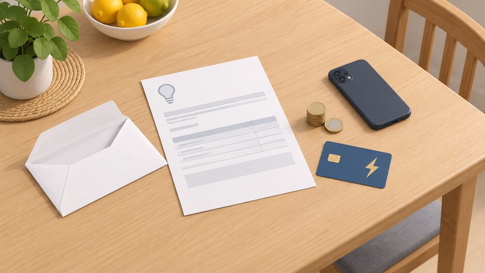 A kitchen table seen from above with a blank electricity bill, an open envelope, a small stack of coins, a prepayment meter top-up card and a mobile phone lying face down, arranged as a household working out how to pay what it owes.