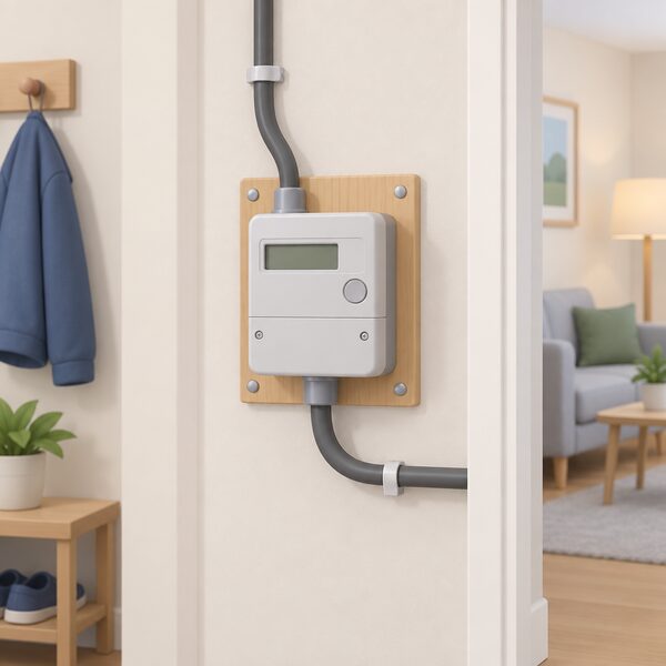 A domestic electricity meter mounted on an interior wall of a home hallway, with the incoming supply cable and a cable running onward into the house, drawn simply to show the meter in place and connected.