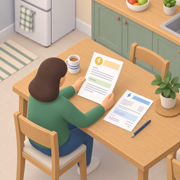 A supplier's Warm Home Discount notification letter lying on a kitchen table of a UK home, held open by a simplified figure reading it, with an electricity bill and a pen beside it, shown as a physical document with blank lines and plain colour bands carrying no readable words or numbers.