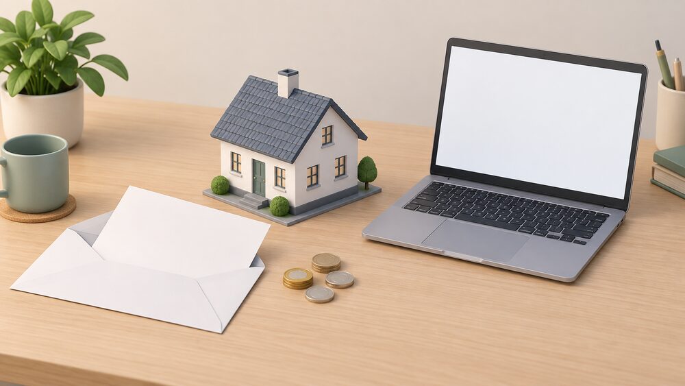 A small model of a house sits on a table beside a blank paper electricity bill in an open envelope, a few coins, and a laptop with a blank screen, suggesting a household comparing electricity suppliers.