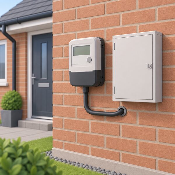 A domestic electricity meter mounted on the outside brick wall of a small Northern Ireland house, with the meter cable running into the wall and a plain meter box beside it, shown as the point through which the household's supplier bills its electricity use.