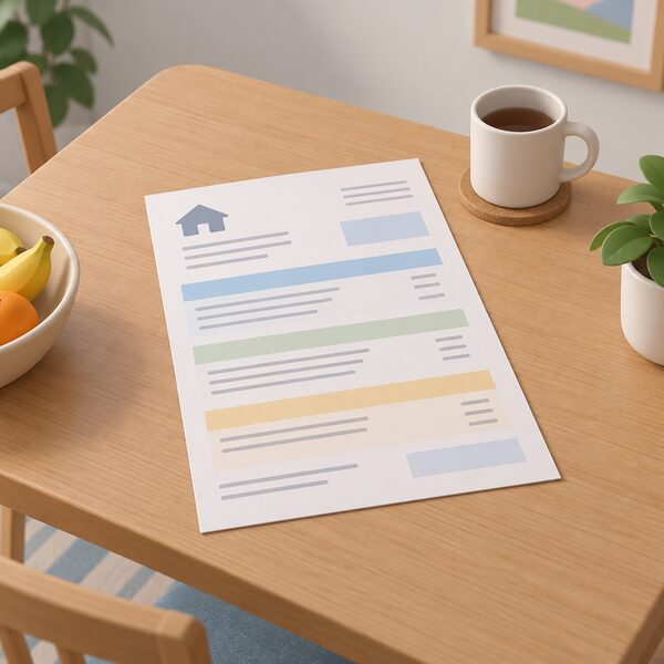 A domestic energy bill lying flat on a household table, drawn as a physical paper document with blank lines and plain colour bands instead of readable figures, the kind of bill to which the £400 discount and £600 payment vouchers were applied.