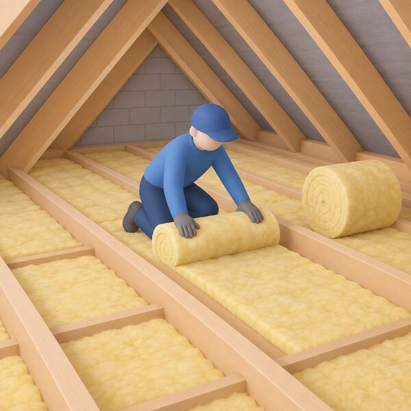 A small simplified figure kneeling between roof joists in a loft, unrolling a blanket of insulation over the ceiling below, with a roll of insulation material beside them and the sloping roof timbers above.