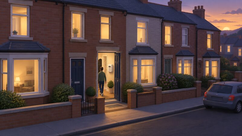 A dusk view along a Northern Ireland terraced street with warm light glowing in several windows, and one home's front door open to reveal a hallway where a keypad electricity meter is mounted on the wall beside the entrance.