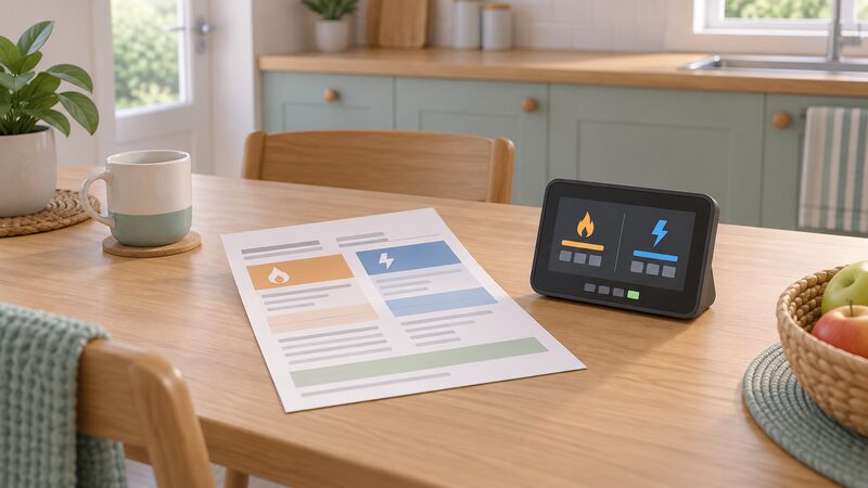 A 2015-era domestic dual fuel energy bill lying on a kitchen table beside a smart meter in-home display, both shown as physical objects with their content rendered only as blank lines and plain colour bands so nothing is readable.