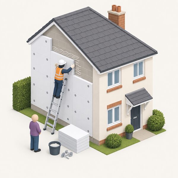 An installer fitting insulation to the external wall of a small house, working from a ladder with insulation boards being fixed to the wall while a second simplified figure observes from the ground, showing a supplier-funded Energy Company Obligation improvement installed free of charge to the household.
