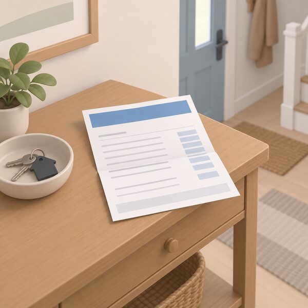 A folded paper energy bill lying on a hall table beside a house key bowl, its header carrying a plain colour band where the supplier's name would appear, with blank ruled lines for charges and amounts and no readable words or figures.
