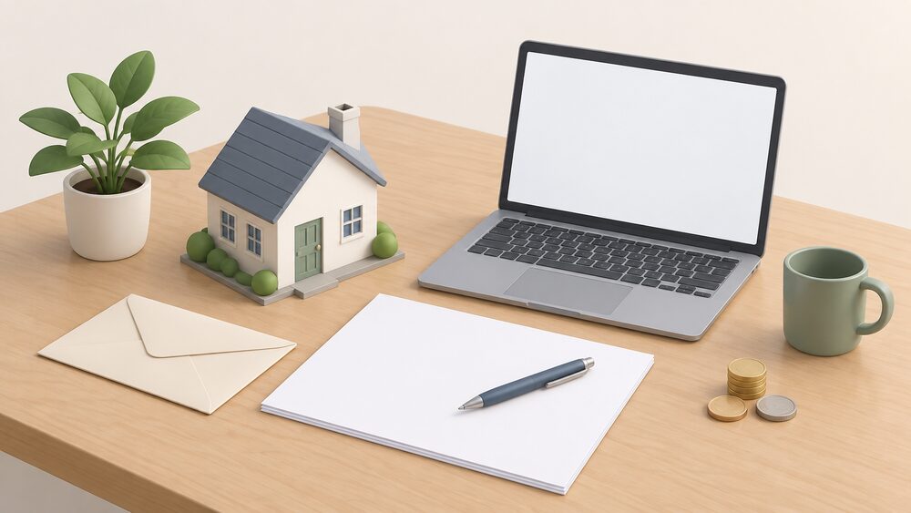 A small model house sits beside a blank-screen laptop and a blank registration form on a table, with a sealed envelope and a few coins nearby, suggesting a household signing up to a group energy switching scheme.