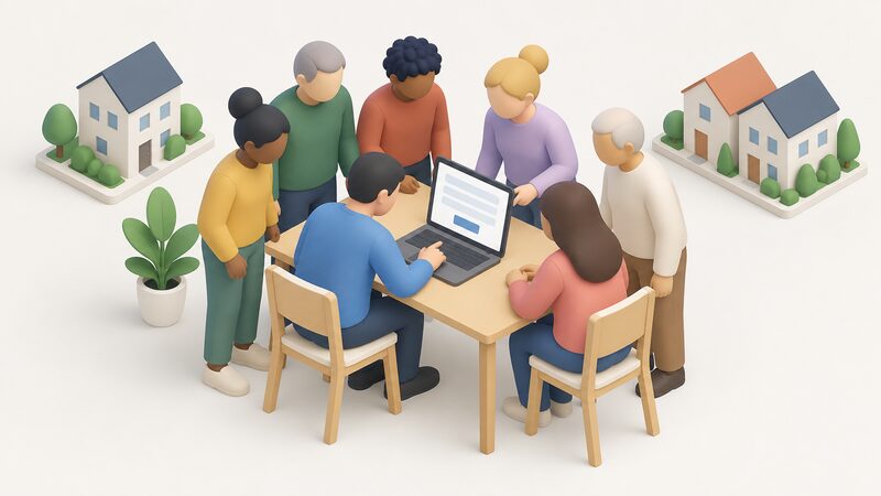 A small group of households gathered around a laptop on a table, with one simplified figure entering details on the screen showing blank registration fields, representing residents registering their interest together through a third party organiser for a collective energy switch.