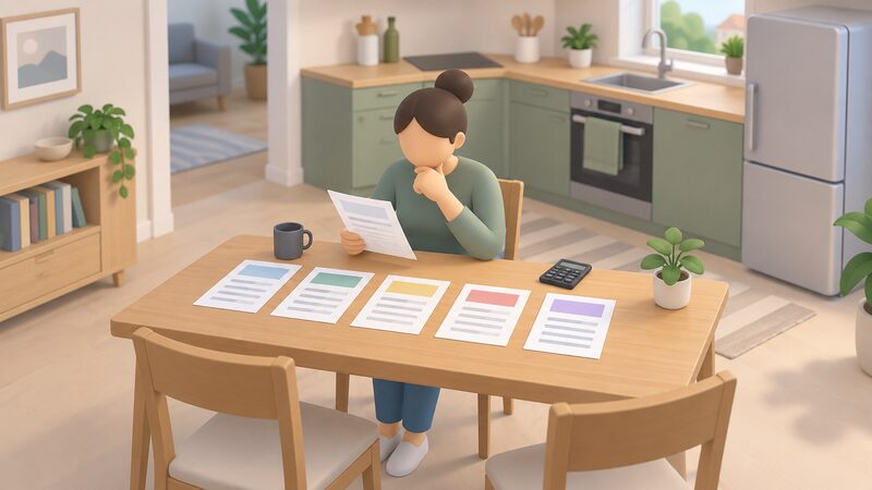 A householder at a kitchen table comparing a collective switch offer letter against several other tariff documents laid out side by side, weighing one option among many before deciding.