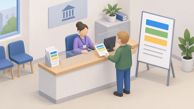 Inside a council office, a simplified staff figure behind a counter hands a leaflet about a collective switching scheme to a local resident, with a simple poster board beside them showing plain colour bands and blank lines and no supplier branding.