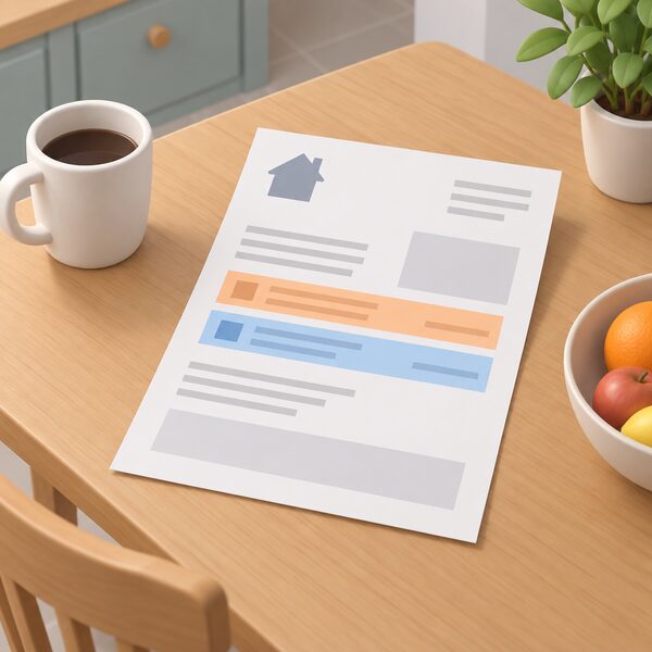 A paper household energy bill lying on a kitchen table, drawn as a physical document with plain colour bands highlighting the unit rate section and the standing charge section as separate parts of the bill, with all other content shown only as blank lines.