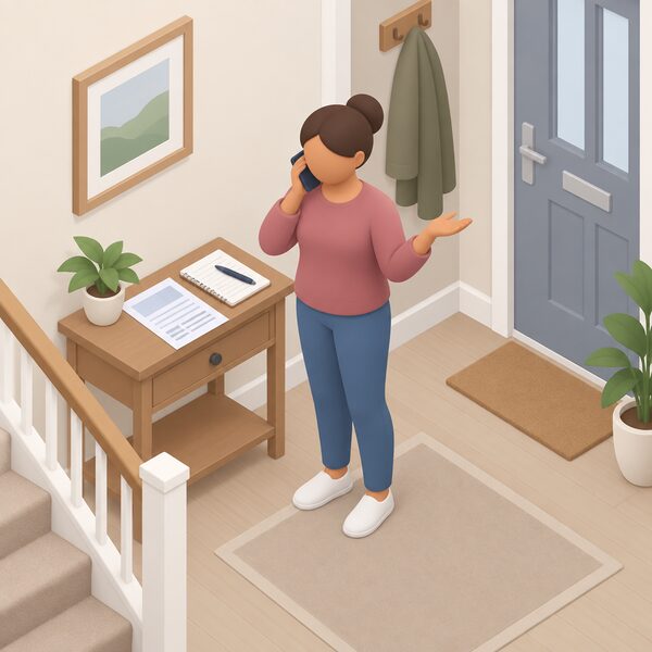 A householder standing in their home hallway holding a phone to their ear, making a complaint call to their energy supplier after a collective switch, with a recent energy bill and a notepad of jotted notes resting on a small side table beside them.