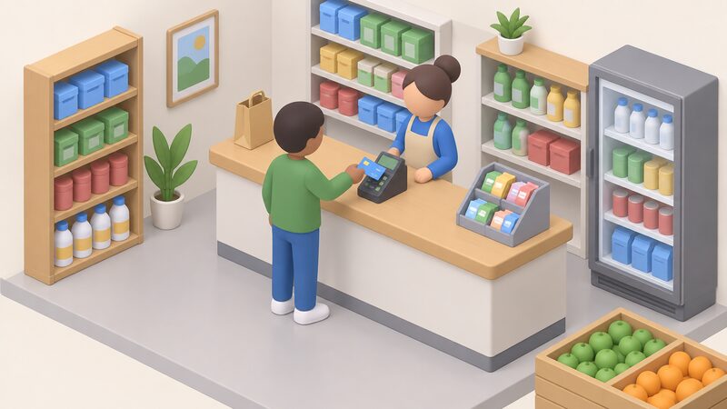A small isometric figure at a shop counter topping up a prepayment key or card, handing it over or inserting it at the counter terminal, with the shopkeeper behind the counter and the meter itself not shown, the scene set inside a simple local shop interior.