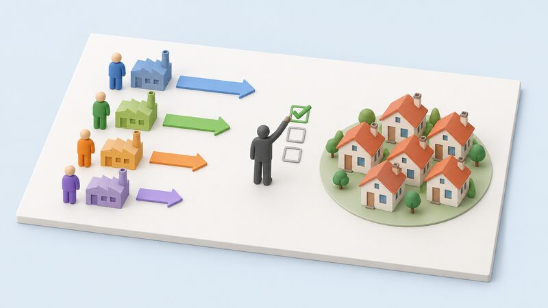 A printed diagram sheet showing a cluster of simplified house icons grouped together, with several supplier figures on the opposite side each pointing a bid arrow toward the group at descending levels, and an organiser figure marking one bid as the winning deal.